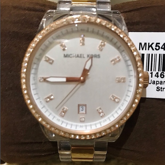 🆕🔥MICHAEL KORS BEZEL BAGUETTE GORGEOUS ROSE GOLD&CLEAR LINK STYLISH WATCH NWT! - Picture 3 of 16